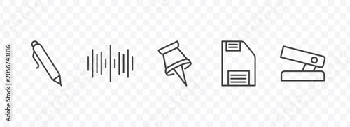 Bild auf Leinwand tools and utensils icon set with ink pen, sound wave bars, face down floppy disk