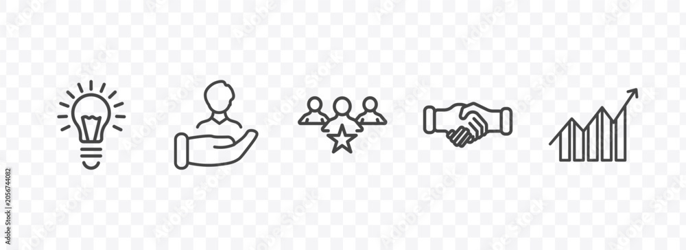 Obraz premium startup and strategy icon set with creativity, humanpictos, handshake, increase signs in flat outline style
