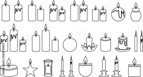 Cuadro en lienzo Modern Candle and Flame Icons Set Black Filled Wax Candles, Burning Lights and D