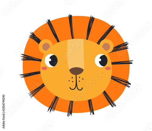 Cute little lion face illustration isolated. Kawaii cartoon character. Wild a...