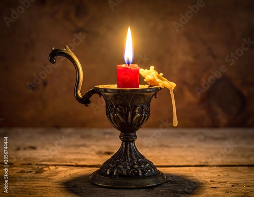Single lit candle in ornate brass holder on dark surface.