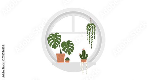 Fotografie Indoor houseplants in terracotta pots on a round window sill illustration