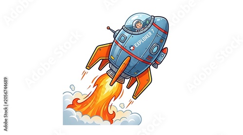 Retro cartoon rocket ship blasting off with fiery exhaust on white background