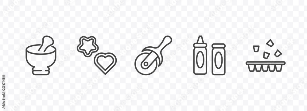 Fototapeta premium kitchen icon set with mortar, cookie cutter, sauces, ice cube tray signs in flat outline style