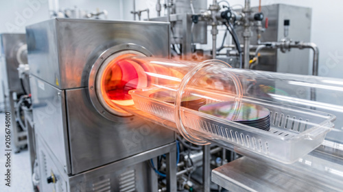 Macro of silicon wafers entering a glowing red and orange quartz tube furnace in a cleanroom