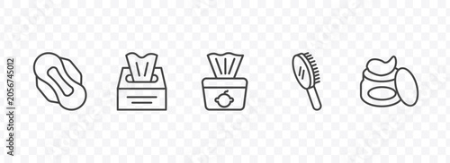 hygiene and sanitation icon set with sanitary napkin, tissues, primp, gel signs in flat outline style