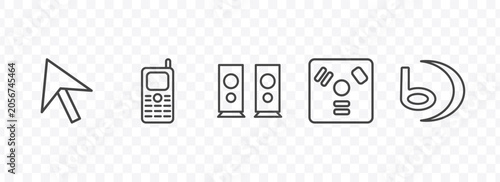 hardware and equipment icon set with mouse pointer, keypad phone, firewire, signs in flat outline style
