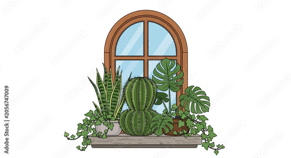 Fototapeta premium Illustration of various houseplants on a wooden window sill