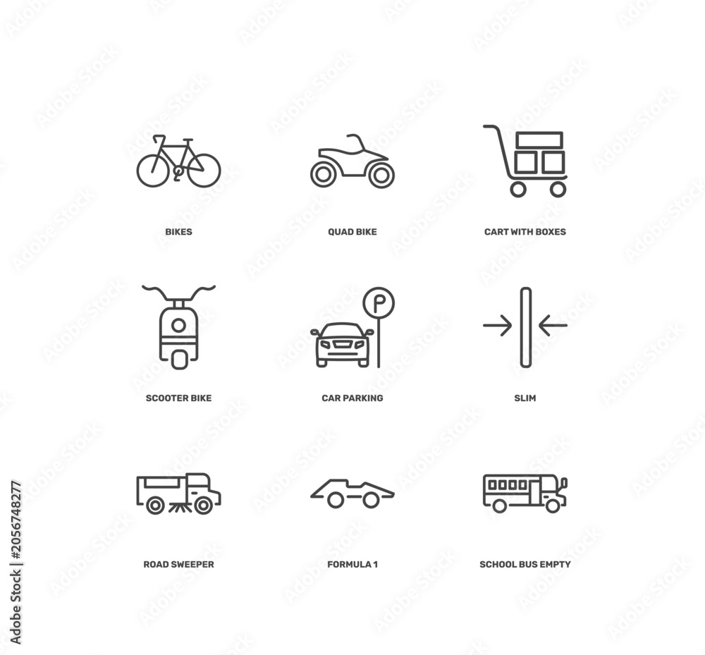 Naklejka premium transportation icon set with bikes, quad bike, cart with boxes, school bus empty signs in flat outline style