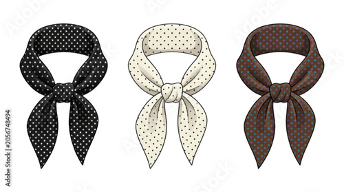 Vector CAD illustration of three dotted bandanas in black, white and brown