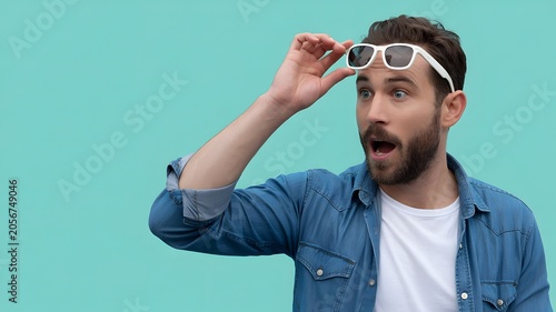 Surprised man lifting sunglasses with shocked expression, amazed male model in denim shirt, excited person reacting to news on turquoise background