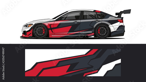 Φωτογραφία Sleek red and black race car with dynamic graphic decals and bold aerodynamic styling
