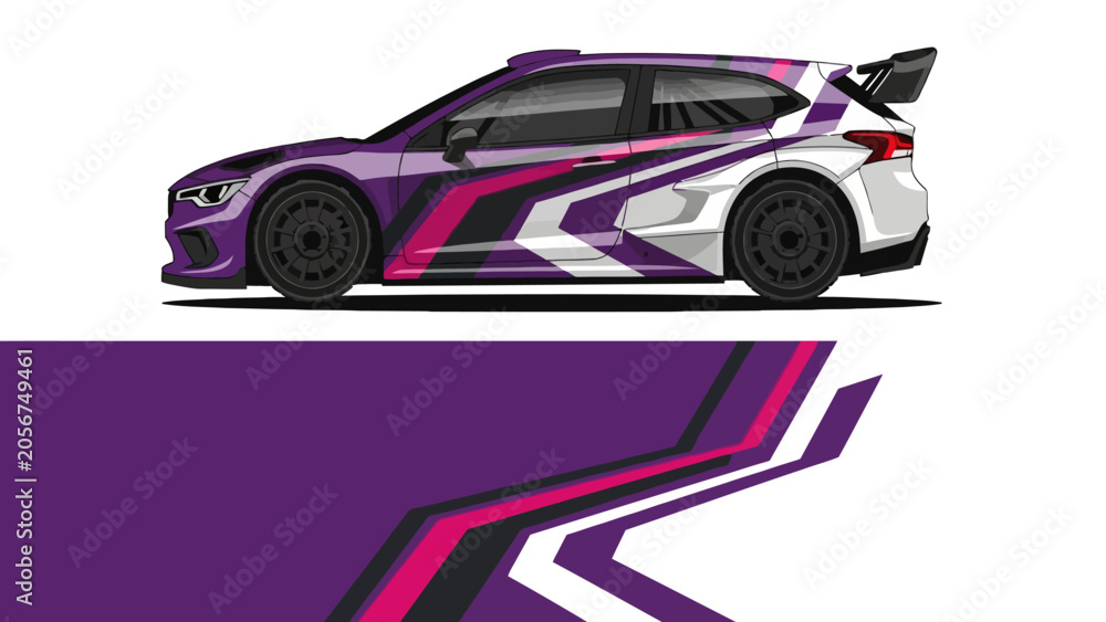 Fototapeta premium Sporty purple racing car with bold white and magenta stripes in dynamic profile.
