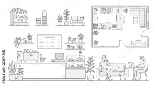 Schilderij op canvas Architectural CAD blueprint detailing a modern cafe's interior layout, featuring