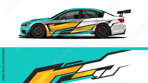 Vibrant stylized race car graphic with bold teal and yellow accents.