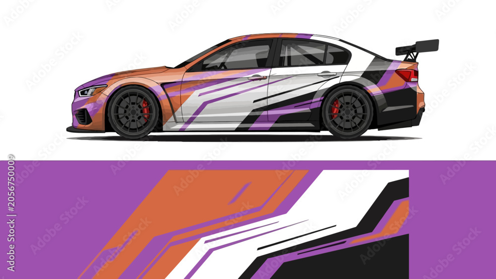 Fototapeta premium Side view of a stylized race car with purple orange livery and dynamic graphic stripes.