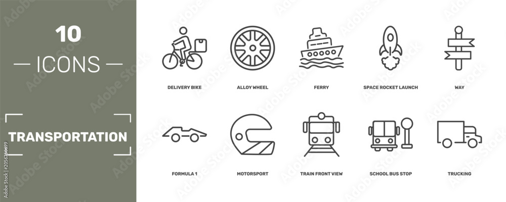 Naklejka premium transportation icon set with delivery bike, alloy wheel, ferry, trucking signs in flat outline style