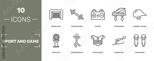 Fotografie sport and game icon set with hockey goal, weighted bars, batter, shin guards sig