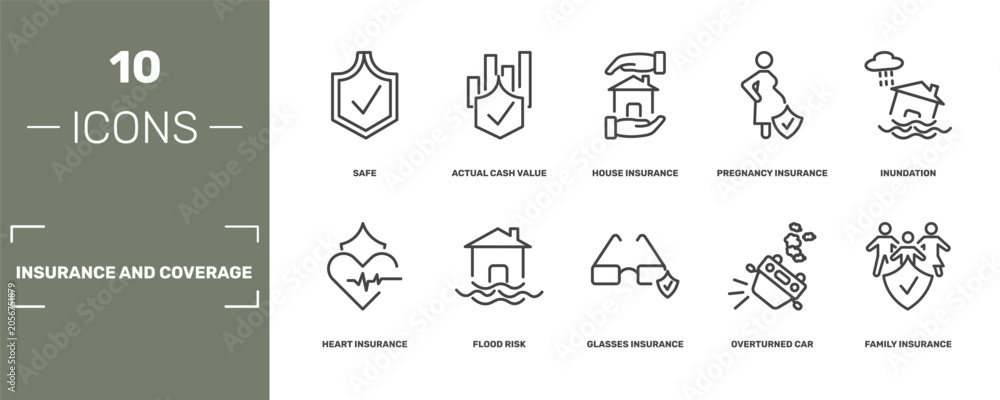 Fototapeta premium insurance and coverage icon set with safe, actual cash value, house insurance, family insurance signs in flat outline style