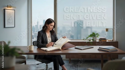 Woman reading a book at a desk in a modern office with city view