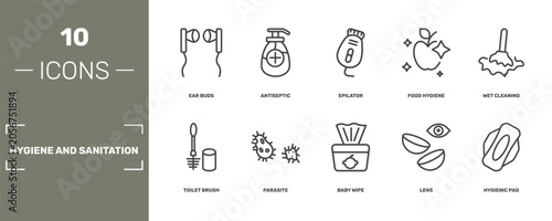 Canvastavla hygiene and sanitation icon set with ear buds, antiseptic, epilator, hygienic pa