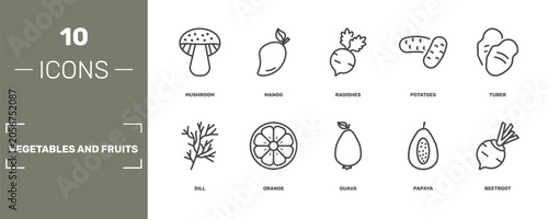Obraz na płótnie vegetables and fruits icon set with mushroom, mango, radishes, beetroot signs in