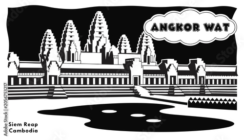 Slika na platnu Very beautiful black-and-white engraved vector illustration featuring ANGKOR WAT in Siem Reap, Cambodia, highlighting its iconic temple towers and a decorative landmark label reading ANGKOR WAT