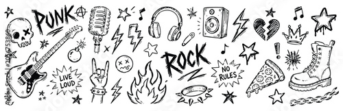 Foto Hand-drawn punk rock and rock and roll doodle set