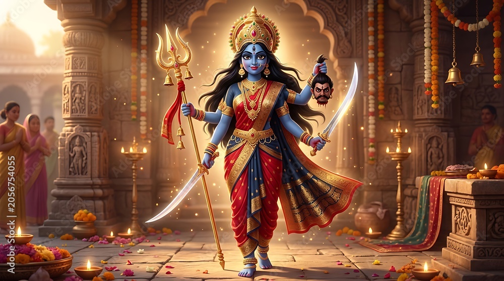 Obraz premium Goddess Kali Standing in Sacred Hindu Temple with Trident