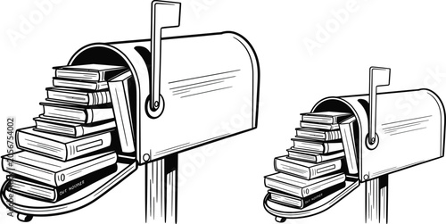 Bild auf Leinwand Mailboxes overflowing with books, book mail, literary delivery, mail full of boo