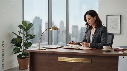 Businesswoman working at desk with city view office