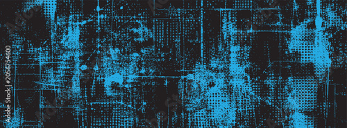 Slika na platnu A high-contrast abstract grunge background featuring a vibrant blue distressed texture, geometric halftone patterns, and rough scratches on black
