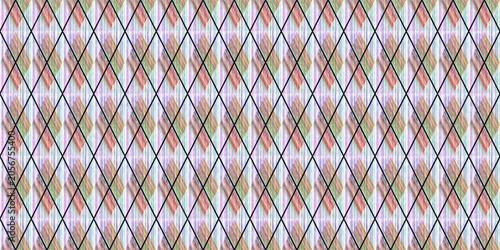 ​Seamless argyle geometric pattern with thin black grid lines and pastel texture. Abstract colorful background vector.