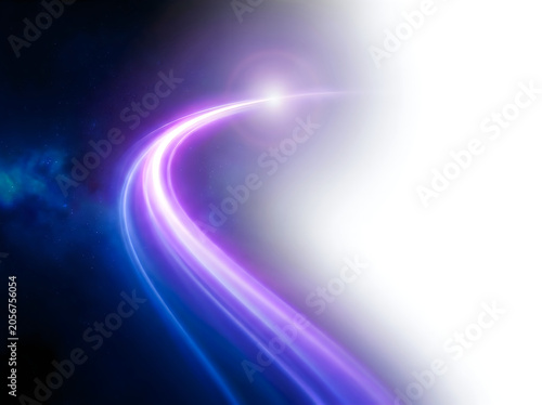 Abstract purple light trail with a glowing star moving fast across a dark space background with bright white light energy