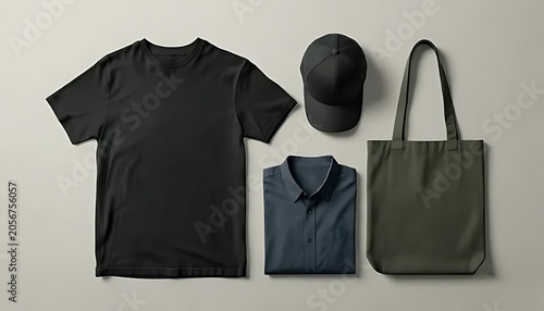 Minimalist clothing set featuring black t shirt folded blue shirt cap and fabric tote bag.