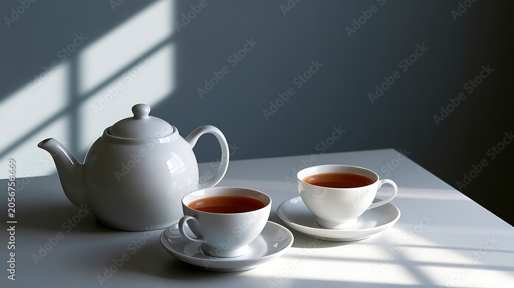 Fototapeta premium Awesome photo of white porcelain teapot and two cups of tea on table with window shadows.