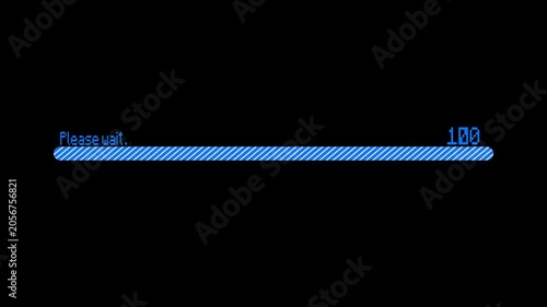 Please wait progress bar graphic with blue loading indicator on black screen