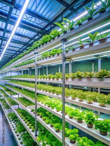 Modern indoor hydroponic vertical farm with multilayer leafy greens under LED lighting showcasing sustainable agriculture and controlled environment farming