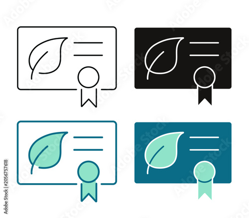 Green Certification Icon. Document, leaf and quality certificate stamp logo. ESG concept. Line, Negative, Duotone and Solid Style for Dark and Light UI, Web and Mobile Apps.