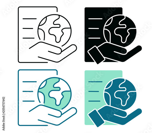 Environmental Report Icon. Document and hand holding planet earth logo. ESG concept. Line, Negative, Duotone and Solid Style for Dark and Light UI, Web and Mobile Apps.