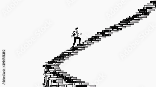 A person climbs a winding staircase made of books, symbolizing the pursuit of knowledge and personal growth.