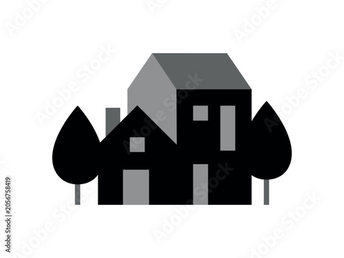 Black and Gray Minimalist House Landscape Vector, Flat Design Residential Building Illustration