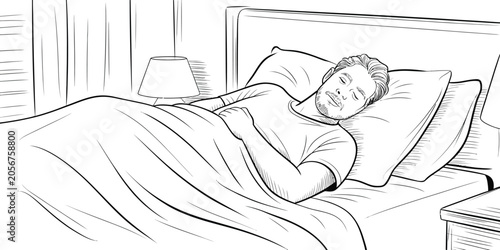Fotografie Sleeping man in bed, peaceful slumber, bedroom scene, vector illustration