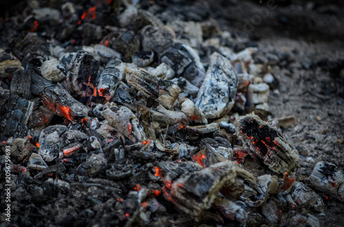 Fotografie Glowing Embers and Ash in a Dying Campfire at Campus Galli, Germany