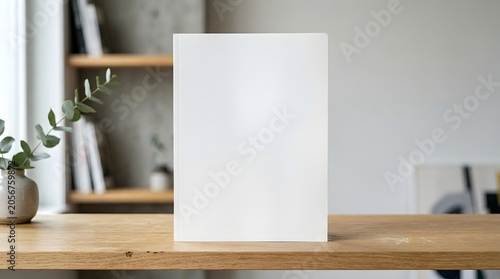 Blank book cover mockup on wooden table with eucalyptus professional product presentation