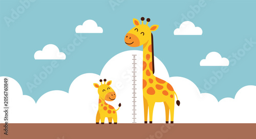 Tall giraffe and cute baby giraffe standing next to a height measuring scale ruler on a blue sky background.