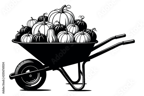 Black and white illustration of a wheelbarrow filled with various sized pumpkins isolated on white background
