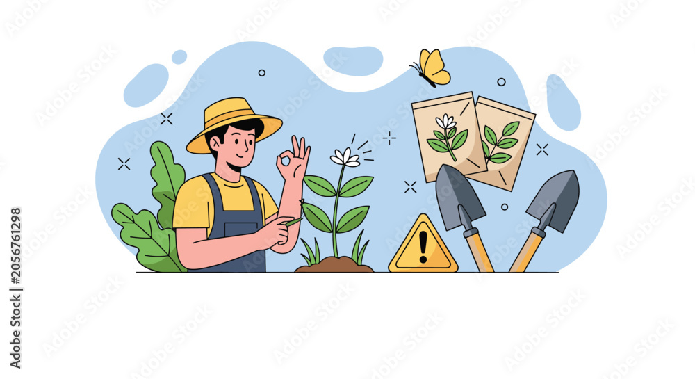 Obraz premium Happy male gardener in overalls and a hat showing ok sign while inspecting a blooming flower near seeds and tools.