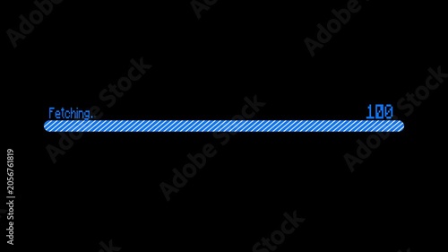 Blue digital progress bar with fetching text and loading status technology