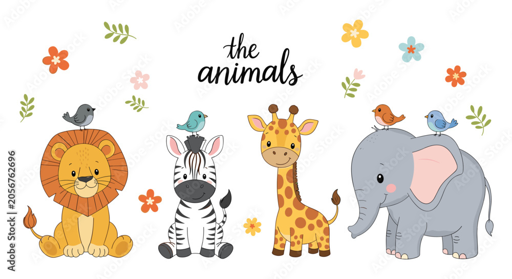 Obraz premium Group of adorable cartoon safari animals including a lion, zebra, giraffe, and elephant with birds on their heads.